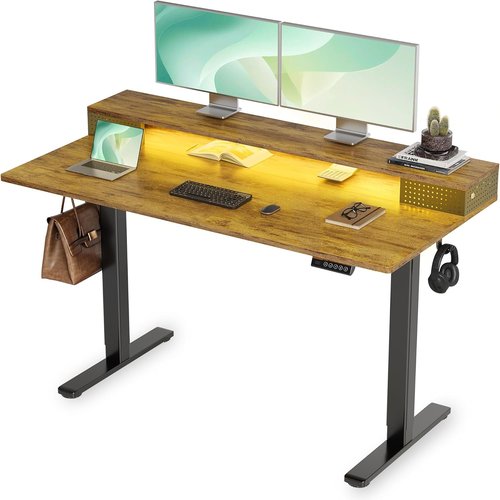 Claiks Electric Standing Desk - 55 Inch Height Adjustable with LED Lights & Monitor Stand | Black Frame/Rustic Brown Top