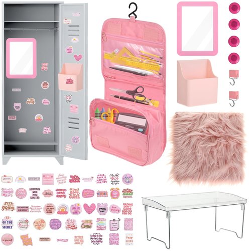 Pink Locker Accessories for Girls Locker Decorations Locker Organizer Kit Includes 2 Magnetic Hooks Mirror Pen Holder Carpet Hanging Bag 4 Magnets 2-Tier Clear Shelf Stickers for School Office, Pink