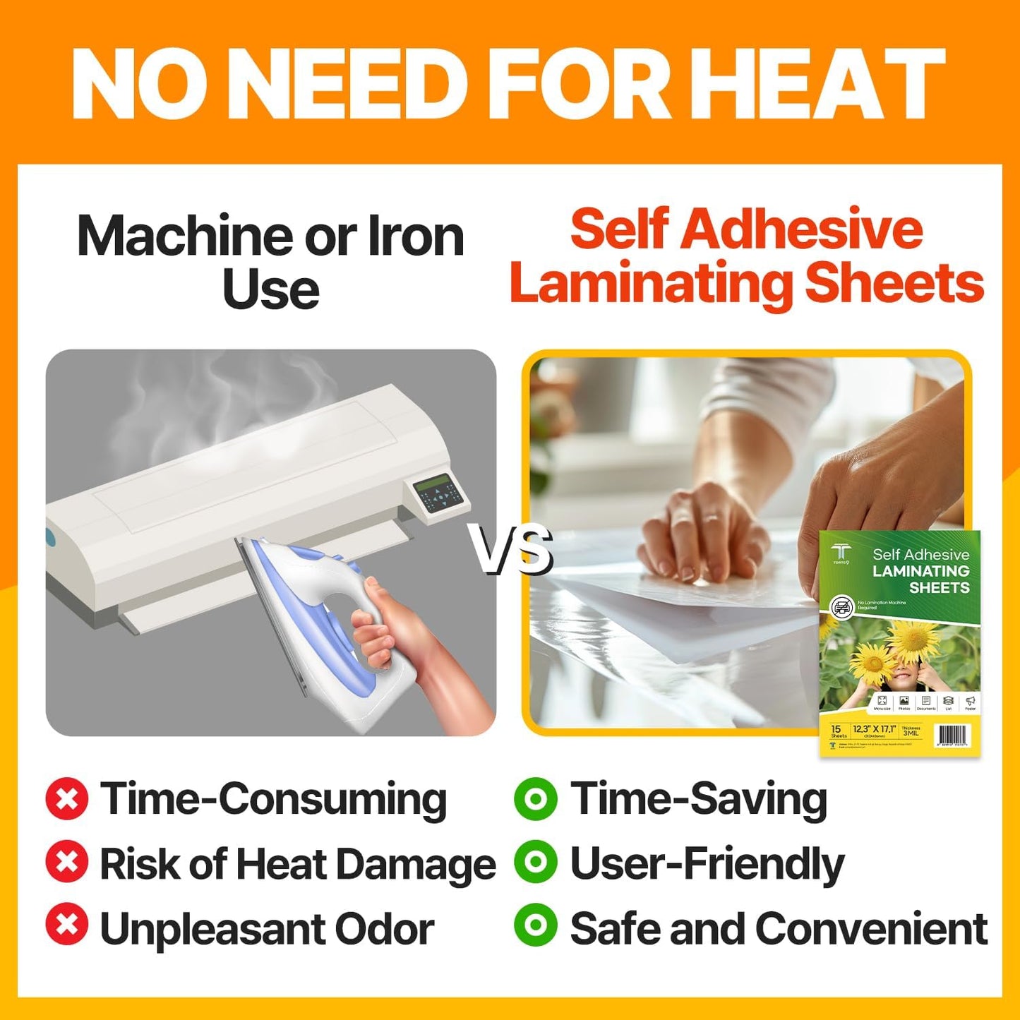 T TORTO9 Peel & Stick Laminating Sheets - 15 Clear Adhesive Sheets, 3mil Thickness, No Heat Required