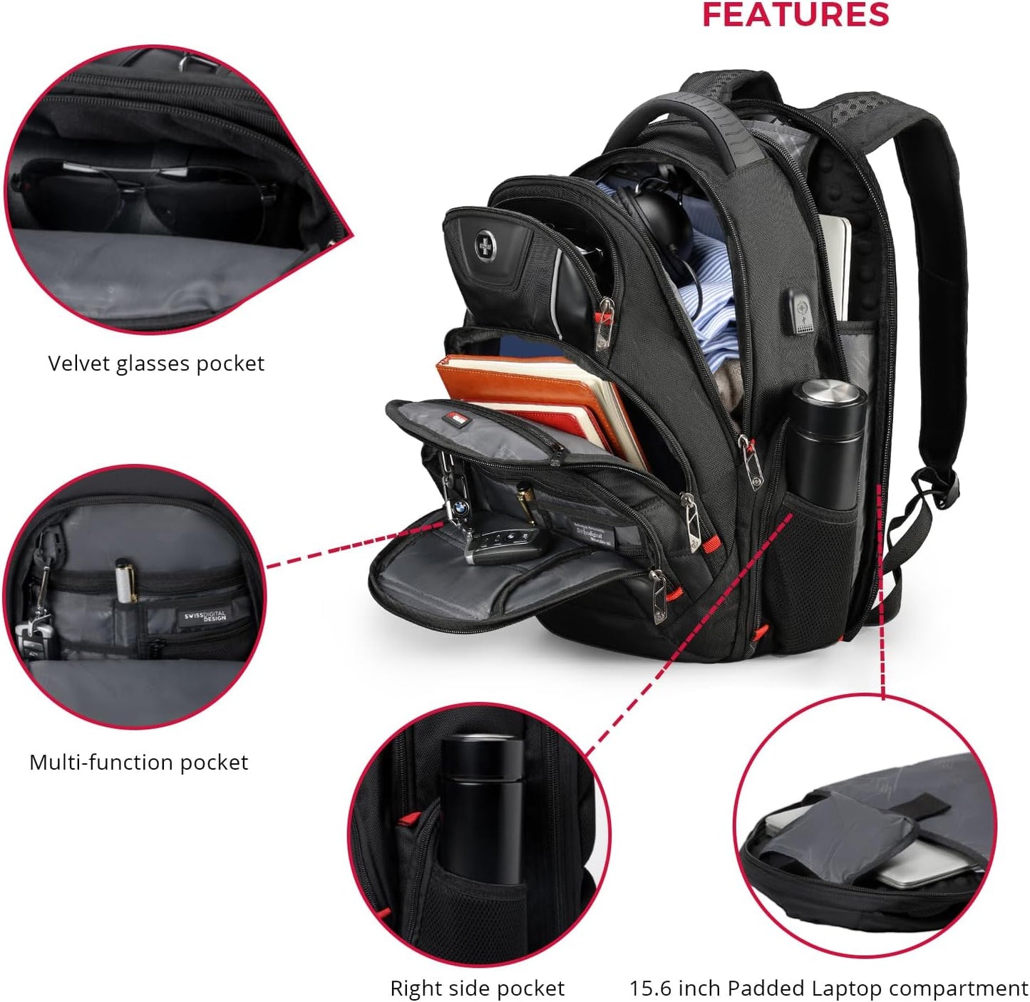 Swissdigital Travel Backpack - TSA Friendly, USB Charging & RFID Protection for 15.6" Laptops - Black | J14-BR