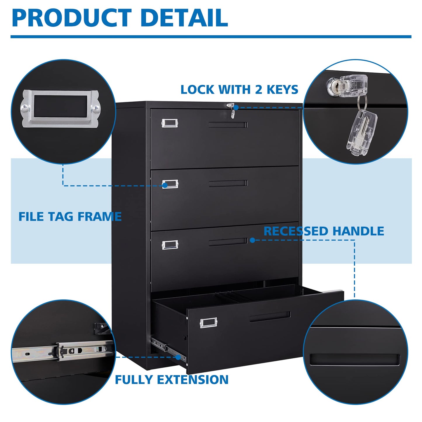 BYNSOE 4 Drawer Filing Cabinet with Lock Metal Lateral File Cabinet Office Home Steel Lateral File Cabinet for A4 Legal/Letter Size Wide Metal Cabinet Locked,Assembly Required (4 Drawer, Black)