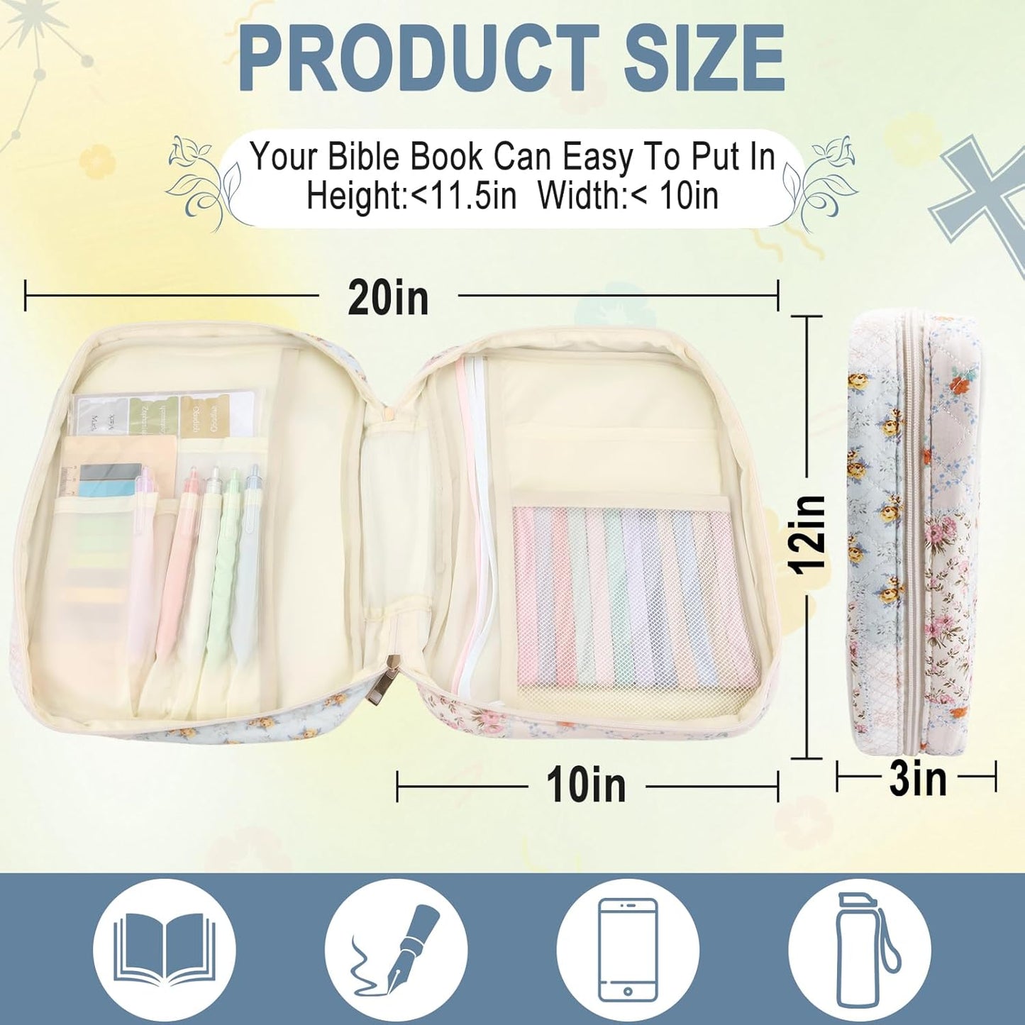 Zkptops Bible Cover Case - Floral Quilted Design with Zipper Pocket & Handle | Large Size for Women & Girls