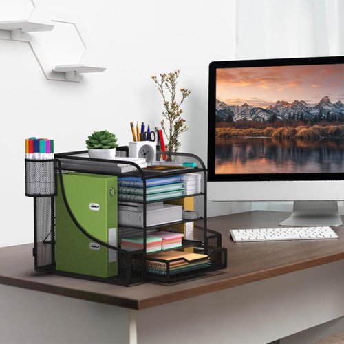 EVOOMI 5 Tier Mesh Desk Organizer PLUS - The Upgraded Time, Space & Sanity Saving Desktop Organizer System for Productivity Success - Ideal Pencil File Paperclip Post It Holder Mail Folder Organizer