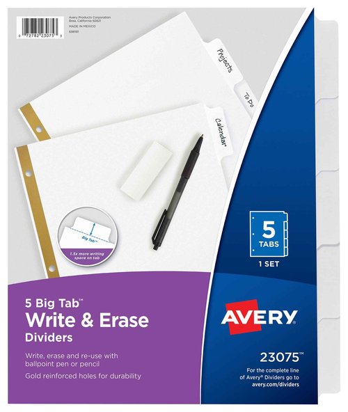 Avery Big Tab Write & Erase Dividers for 3 Ring Binders, 5-Tab Sets, 48 Binder Divider Sets (23075)