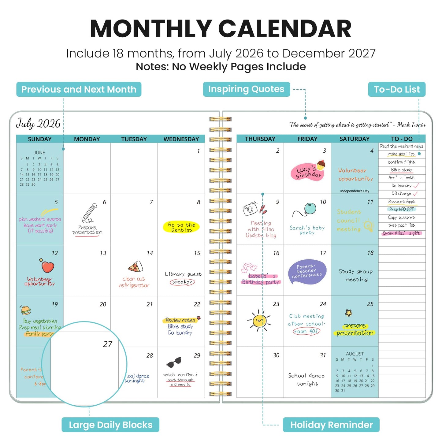 Monthly Planner 2026-2027, 18 Months Calendar Planner 2026-2027, Runs from July 2026 - December 2027, 7" x 10", Perfect for School Office Home Planning - Dusty Blue