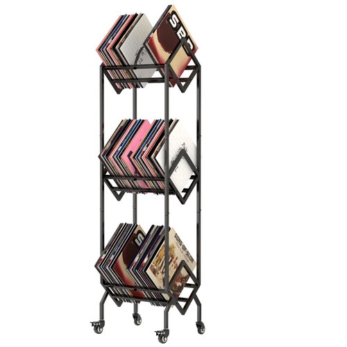 Noliven 3 Tier Vinyl Record Storage Rack with Casters, Metal LP Storage Stand, Book and Files Organizer, Magazine Display, Large Capacity Record Holder for Albums, Books, Magazines, and Office Files