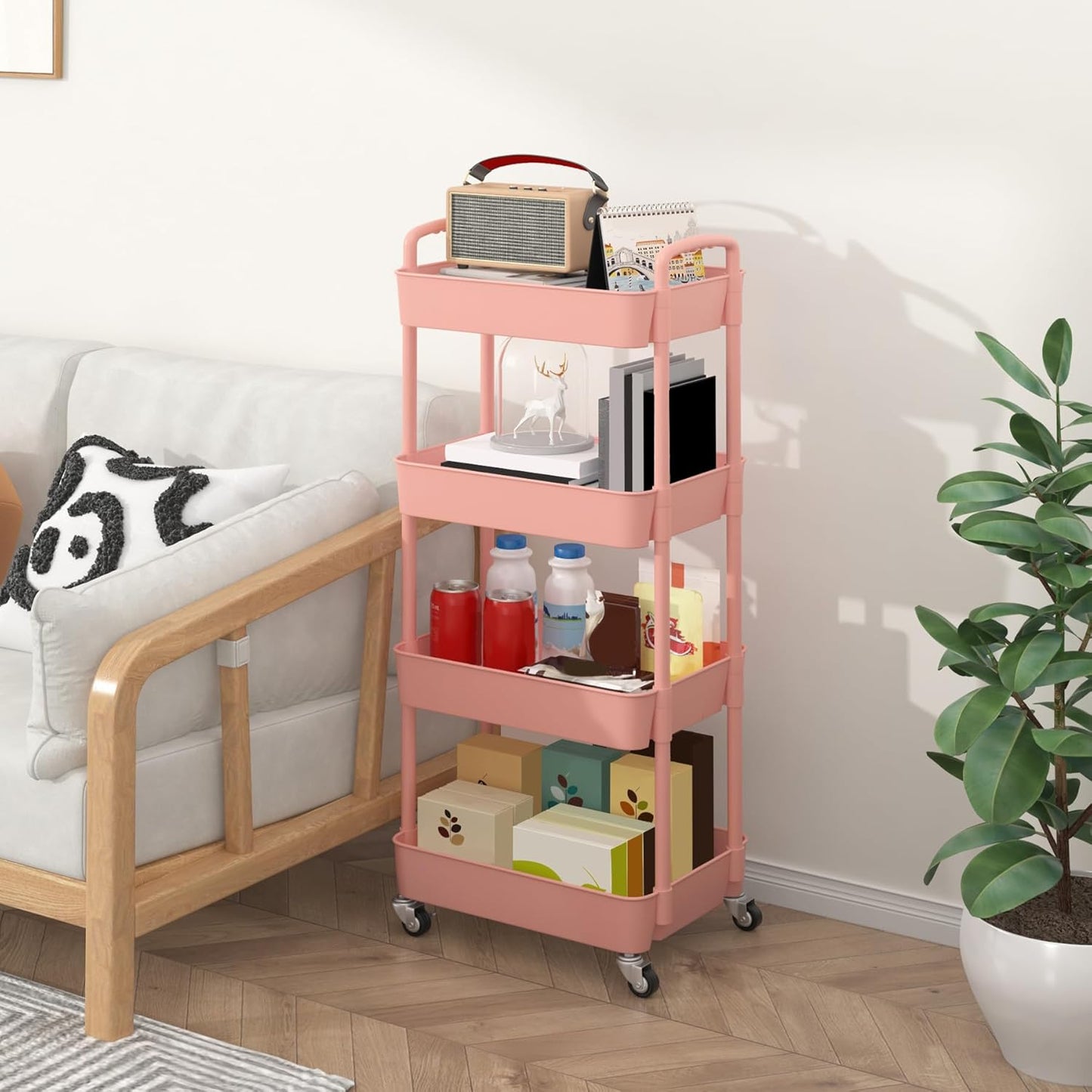 Sywhitta 4-Tier Rolling Utility Cart - Multi-Functional Storage Trolley with Handle, Pink