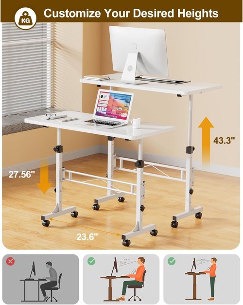 Skiennix Adjustable Height Small Standing Desk - Mobile 32 Inch Rolling Desk with Wheels | Pure White
