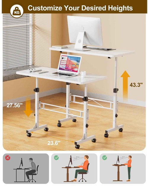 Small Standing Desk Adjustable Height, Mobile Stand Up Desk with Wheels, 32 Inch Portable Rolling Desks Computer Office Workstations for Walking Pad Treadmill White