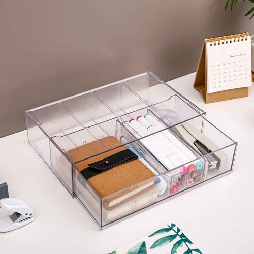Yesesion 4 Pack Clear Office Supplies Organizer Drawer for Desk, Stackable Marker Pen and Pencil Holder with Adjustable Compartment, Large Desk Accessories Storage Box for Art Crafts, Stationery