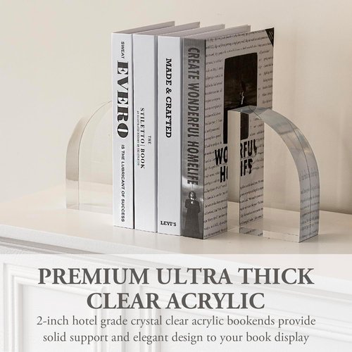 Modern Luxury Premium Clear Acrylic Bookends in Arc Quadrant Shape, Decorative Heavy Duty Book End Holder for Office Desk or Bookshelf Stopper, 1 Pair