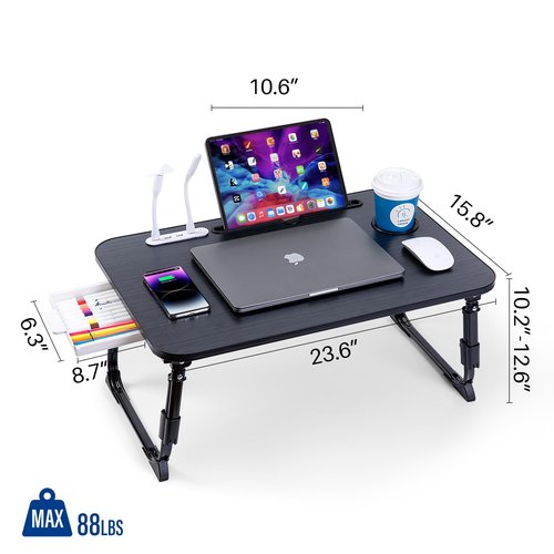 Laptop Desk for Bed, Height Adjustable Laptop Bed Table, Foldable Portable Lap Desk Stand with USB/Storage Drawer/Cup Holder/Slot, Breakfast Tray for Working Reading Writing Eating, Black