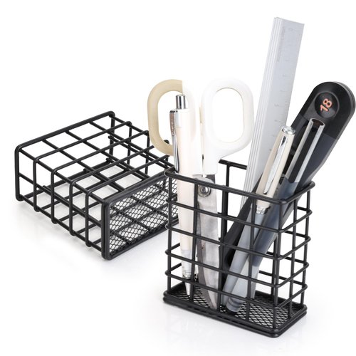 Metal Pencil Holder for Desk, 2 Pack Black Wire Pen Organizers with Mesh Bottom for Office Classroom School Home (Grid-like Design)