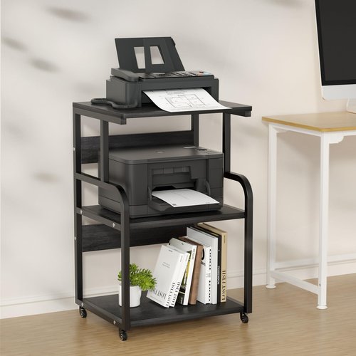 URLINE Large Printer Stand with 3-Tier Wood Storage Shelves -Multi-Purpose Desk Organizer- for Printer Scanner Fax Home Office Use with Wheels (Black)