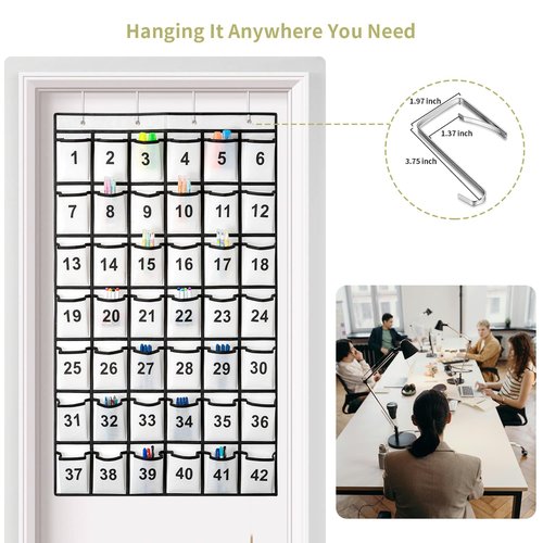 SAVERHO 42 Pockets Numbered Classroom Pocket Chart for Cell Phones, Hanging Pocket Chart Storage for Classroom Phone Calculator Holder with 4 Hooks and 42 Clear Numbers Printing (White-42pockets)