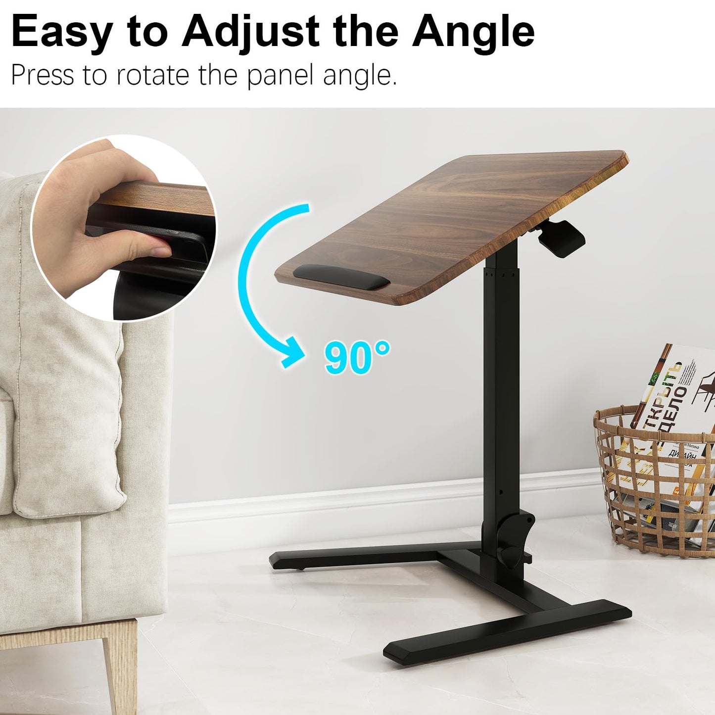 PUNCIA 25 Inch Mobile Folding Desk, Pneumatic Sit-Stand, No Assembly Required Computer Cart, Adjustable Height Laptop Table, 0-90° Tilt Top for Home Office, Small Space, Bedroom and Dorm, Retro