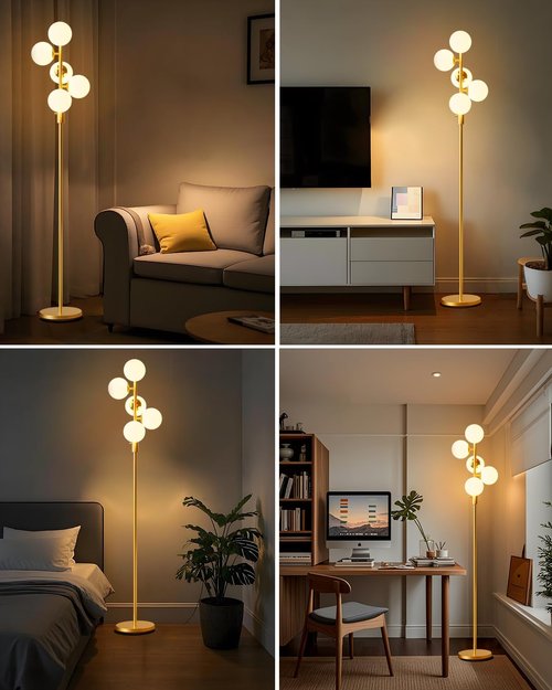 Lightdot Dimmable Globe Floor Lamp - Mid Century Modern Design with 5 Adjustable 3000K Bulbs | Gold Finish for Living Room & Bedroom Decor