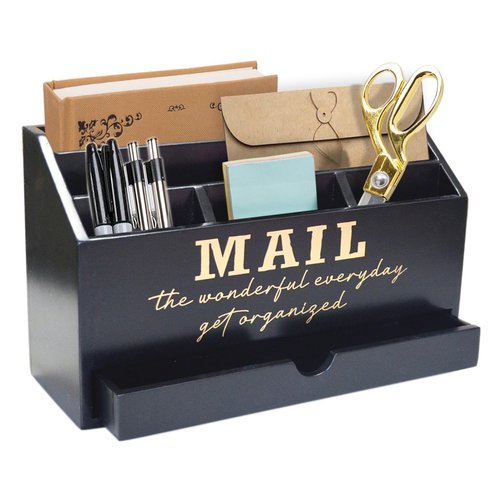 EXQUIDECA Wooden Black Rustic Countertop Mail Storage Holder with Drawer and Compartments - Office Desk Accessories and Workspace Organizers - Desktop Sorter for Pen Stationery Letter Files Documents