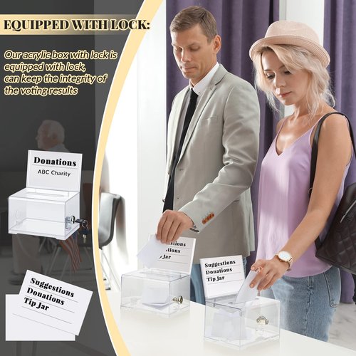Lewtemi 2 Pack Acrylic Donation Box with Lock and Sign Holder Clear Ballot Box 6.25'' x 4.5'' x 4'' Suggestion Boxes Storage Container with White Cardboard for Fundraising Voting Charity Tip