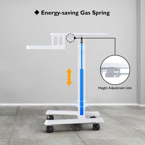 BONTEC Mobile Standing Desk with Keyboard Tray, Mobile Podium, Computer Workstation Up to 33lbs, Laptop Sit or Stand Desk on Wheels, Height Adjustable Stand Up Table for Living Room, Bedroom, White