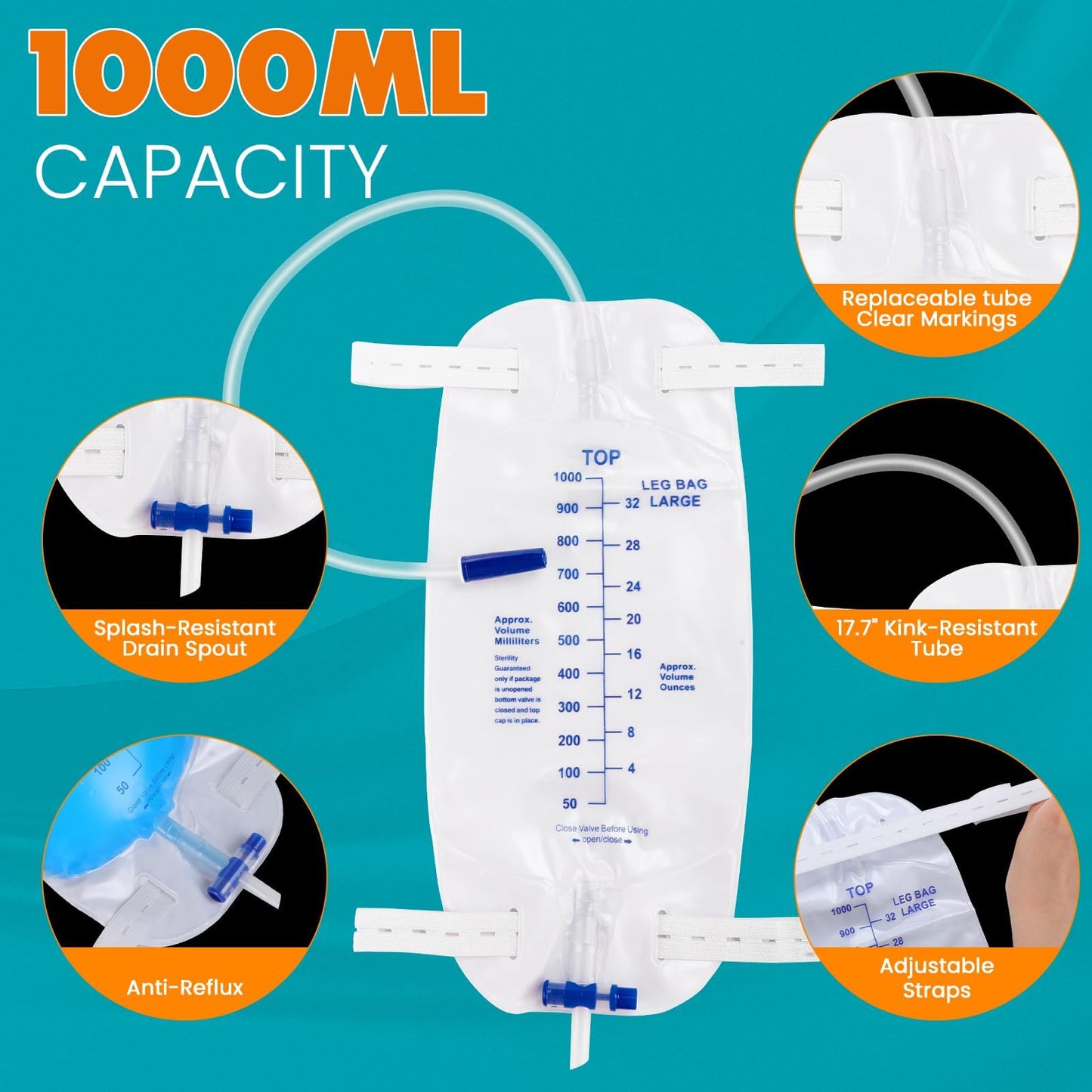 FURWEY 4-Pack Leg Bags, 1000mL, 18-inch Tubing with Anti-Reflux Valve, Sealed Separately & Single-Use, Anti-Slip Adjustable Elastic Leg Strap, One-Hand Drain Valve