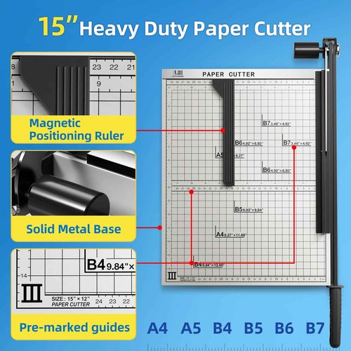 15 Inch B4 Guillotine Paper Cutter, Heavy Duty 10 Sheet Paper Trimmer Cutting with Auto-Press Clamp & Magnetic Ruler | Precision Cut for Paper, Card, Photos, Vinyl & More
