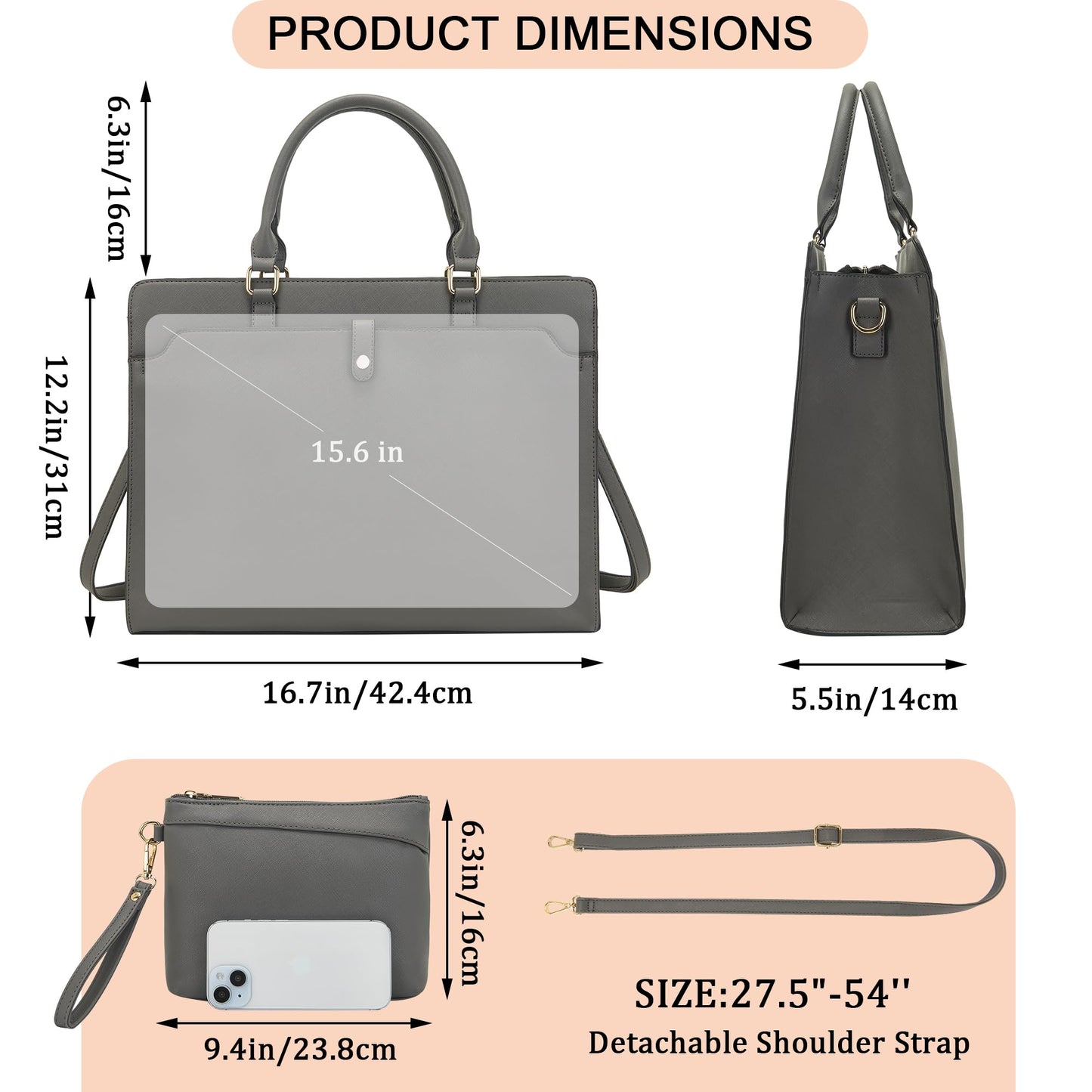 YZAOLL 15.6 Inch Vegan Leather Laptop Bag for Women Lightweight Water-Resistant Work Tote Briefcase for Travel,College,Office DarkGrey