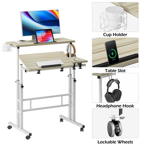 SogesPower 2 Platforms Mobile Laptop Desk Adjustable Side Table Computer Stand for Bed Sofa,Mobile Standing Desk with Cup Holder and Hooks, Maple