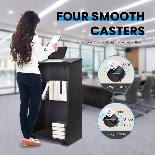 QuicMiou Podium Stand Freestanding Lectern Reception Desk with 4 Wheels, for Speaker with 2 Storage Shelves for Pulpits, Churches, Restaurants, and Classrooms (Black)