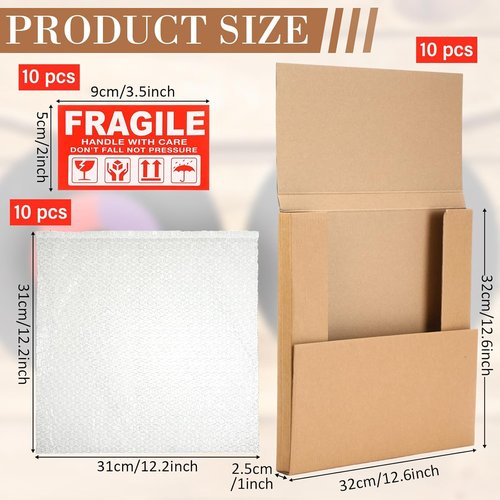 Janlaugh Vinyl Record Mailers - 10 Sets of 12.6" x 12.6" Easy Fold Shipping Boxes with Fragile Stickers & Bubble Bags