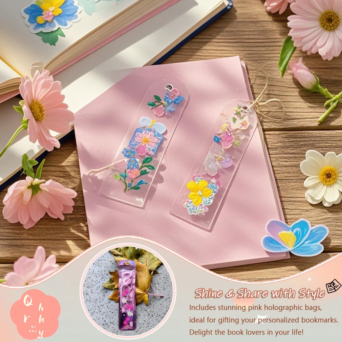 Qrhky 86PCS Acrylic Bookmark Blanks Kit, 20PCS Blank Bookmarks with 25PCS Mixed UV DTF Sticker, 20PCS Ribbon, 20 Holographic Bags, 1PCS Tweezers, Clear Bookmark Kit for DIY and Gifts