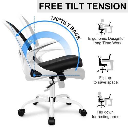 Primy Office Chair Ergonomic Desk Chair with Adjustable Lumbar Support and Height, Swivel Breathable Desk Mesh Computer Chair with Flip up Armrests for Conference Room(White)