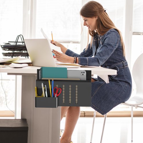 HAMOPY Desk Side Storage, Single-Layer Steel Hanging Desk Organizer with Magnetic Pen Holder, No Drilling Desk Drawer Cable Management Tray, Under Table Laptop Holder for Office, School&Home(Black)