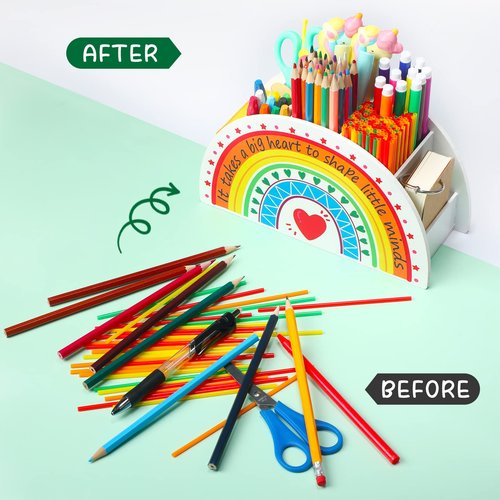 Wooden Rainbow Pencil Holder Pen Holder Teacher Appreciation Gifts from Students Pencil Organizer Brushes Makeup Brush Crayon School Teacher Supplies for Kids Girls