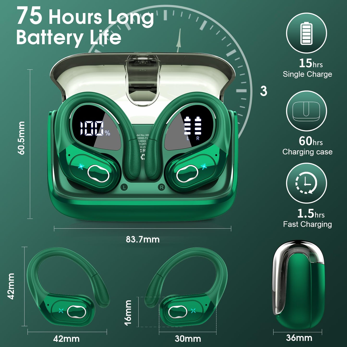 Wireless Earbuds 75hrs Bluetooth 5.4 Headphone Sport, 2026 Bluetooth Earbuds Stereo Deep Bass Over Ear Bud with Earhooks, ENC Noise Cancelling Mic, IPX7 Waterproof Earphone for Gym/Workout, Dark Green