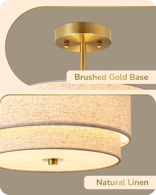 EDISHINE 12.6-Inch Semi Flush Mount Ceiling Light - 3-Light Modern Fixture with Double Drum Linen Shade | Brushed Gold Finish for Bedroom, Hallway, Dining Room