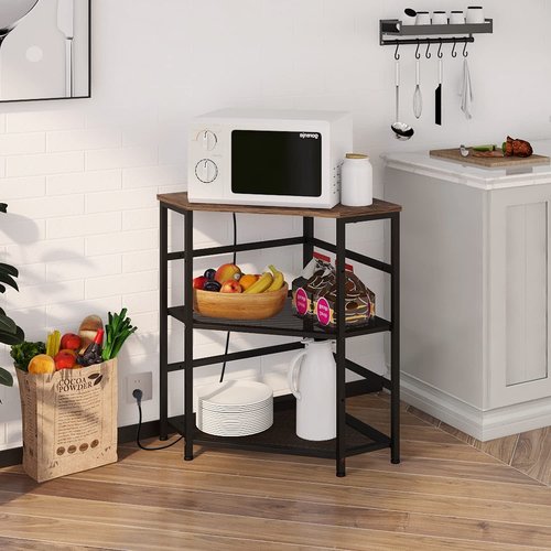 VEDECASA Corner Printer Stand Table with Power Outlet Charging Plugs USB Port Adjustable Storage Shelf Computer Tower CPU Stand Holder for Home Office (Brown)