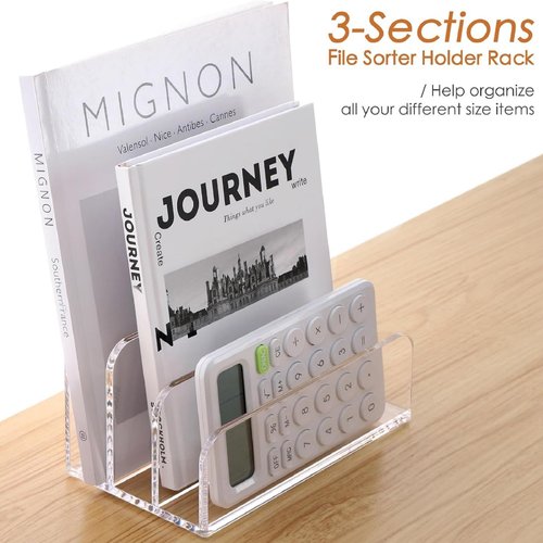 ARTICHIC Acrylic File Holder Desktop File Organizer, 3-Compartment Vertical Letter Holder Transparent Mail Organizer Countertop, Acrylic Desk Organizer Suitable For Office, Home, School, Etc