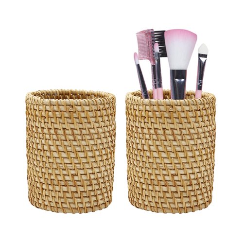 ZUDKSUY 2 Pack Rattan Pencil Holder Handmade Pen Organizer Boho Desk Accessories Pen Cup Holder Aesthetic Holder for Desk Cute