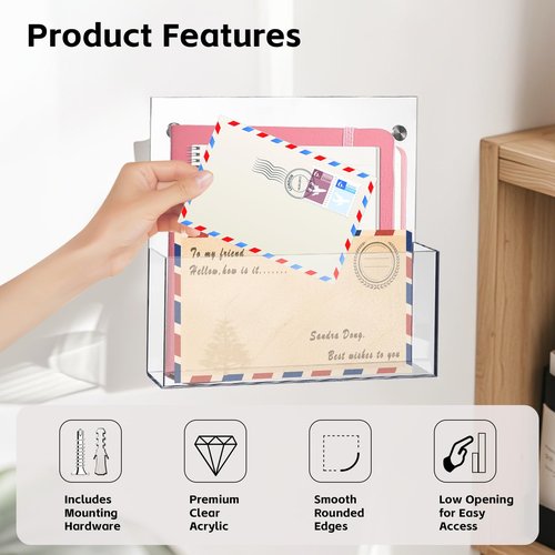 Hanging Wall File Organizer, 2 Pack, Clear Acrylic, Large, Space Saving, Office Wall Mount File Holder with 2 Mounting Options, Mail Holder for Magazine, Mail, Paper, Folders, Document, 12.99x 11.8 In