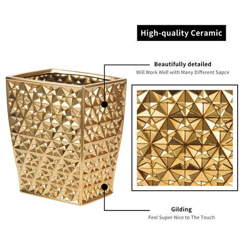 RXLVCKY Ceramic Gold Square Garbage Can Kitchen Trash Cans - Wastebasket, Garbage Container Bin for Bathroom, Bedroom, Kitchen, Home Office, and Kids Room, Holds Waste