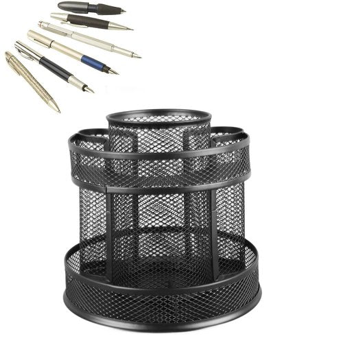 Rotating Pencil Holder, Black Metal Mesh Desktop Organizer Rotating Pen Organizer Desktop Storage Caddy for Home Office