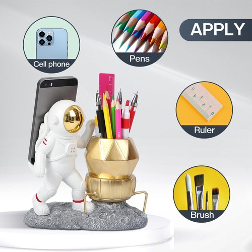 UREYMX Astronaut Pen Pencil Holder with Phone Stand Resin Spaceman Pencil Holder Desk Pen Holder Organizer Decorative Accessories Suitable Office Classroom Home Creative Gifts for Adults and Kids