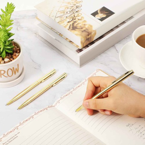 Zonon 100 Pieces Gold Metal Slim Ballpoint Pens Bulk Retractable Metallic Black Ink 1 mm Medium Point Smooth Writing Pens for Wedding Business Office Supplies Students Teachers Men Women Present