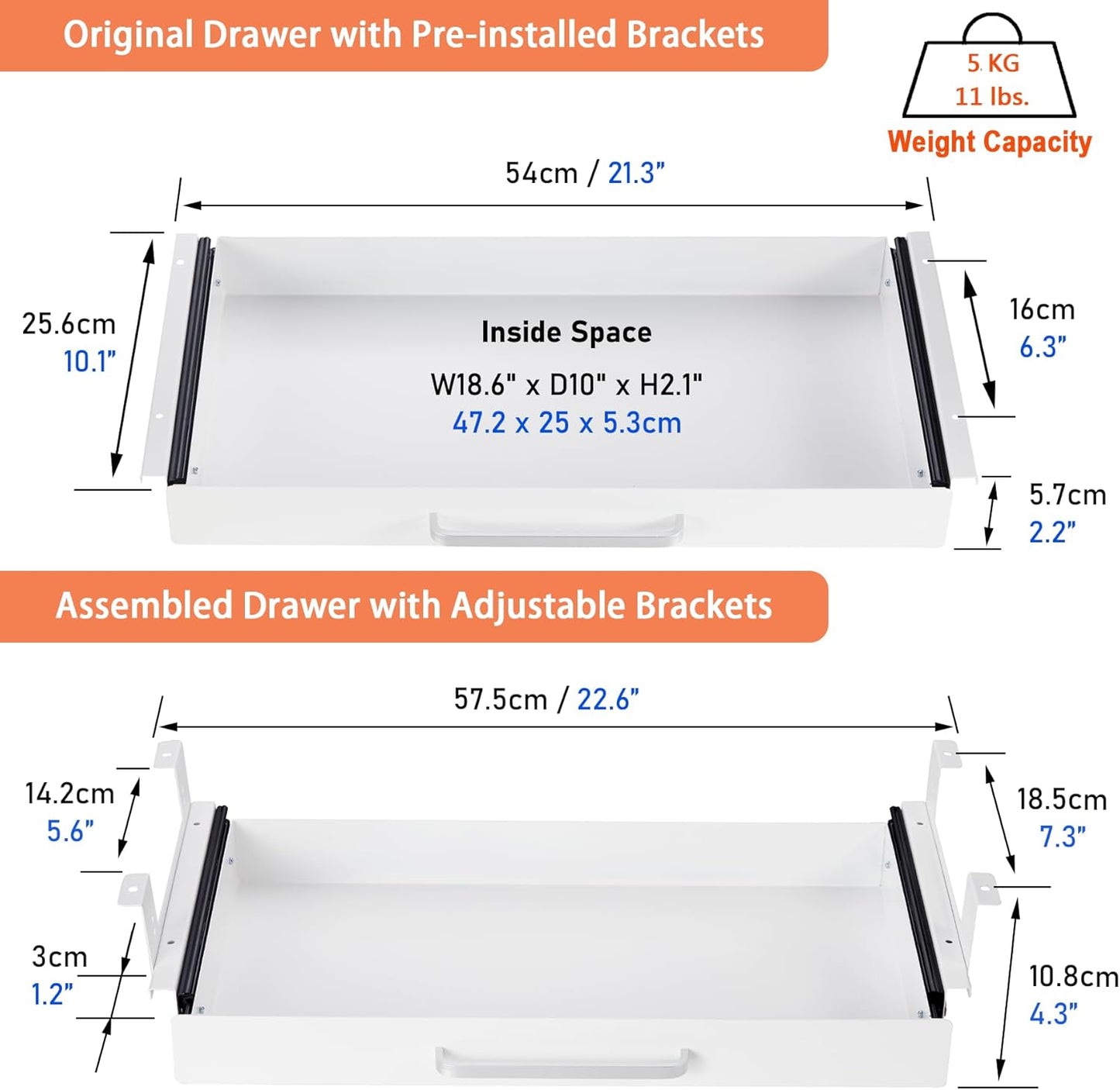 Under Desk Drawer Organizer - 21" White Adjustable Brackets & Sliding Pull-Out Design for Office Desks