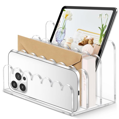 Acrylic Scalloped Mail Holder Organizer Sorter for Desk Clear Print Script Letter Holder Countertop 3 Upright Compartments Laddered Envelope Stand for Office Home School