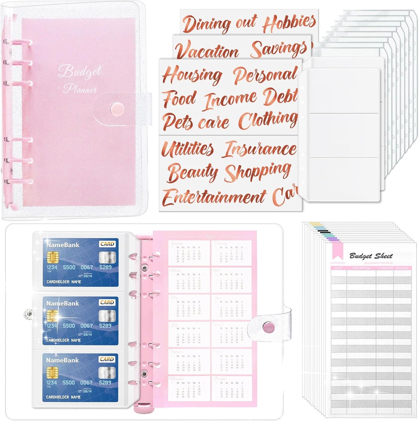 Skiennix Budget Binder - Zipper Envelopes & Rose Gold Stickers | 6 Card Slots & 24 Expense Sheets