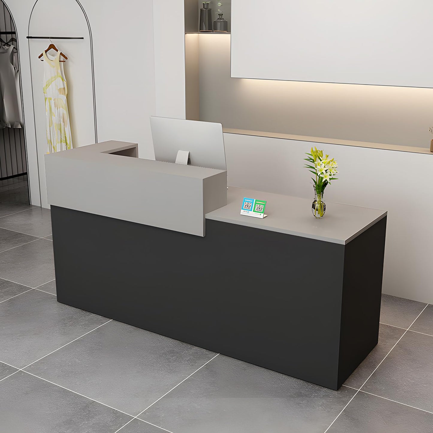 LSZMXI Modern Reception Desk with Drawer & Open Shelves, 39-95 Inch Front Counter Table, Computer Workstation Suitable for Salons, Offices, Lobbies, Retail Stores and Home Offices