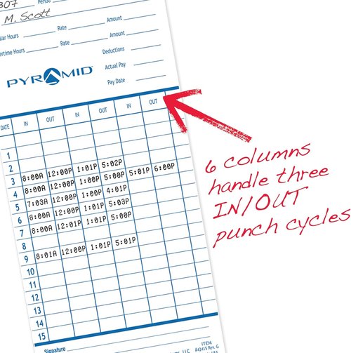 Pyramid Time Systems - Authentic Time Cards for Pyramid Models 2500, 2500K1, 2600, 2650 | Double-Sided Sheets (3.38 x 7.44 in) - 100 Blue/Green Cards