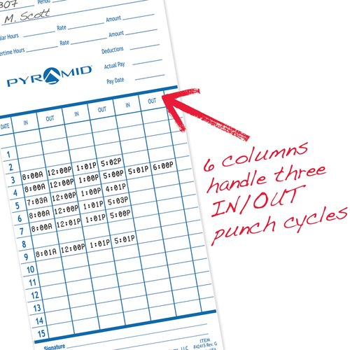 Pyramid Time Systems - Authentic Time Cards (42415) for Pyramid Models 2500, 2500K1, 2600 and 2650 Aligning Time Clocks, Double Sided Time Sheets (3.38 x 7.44 in) - 100 Time Cards - Blue/Green